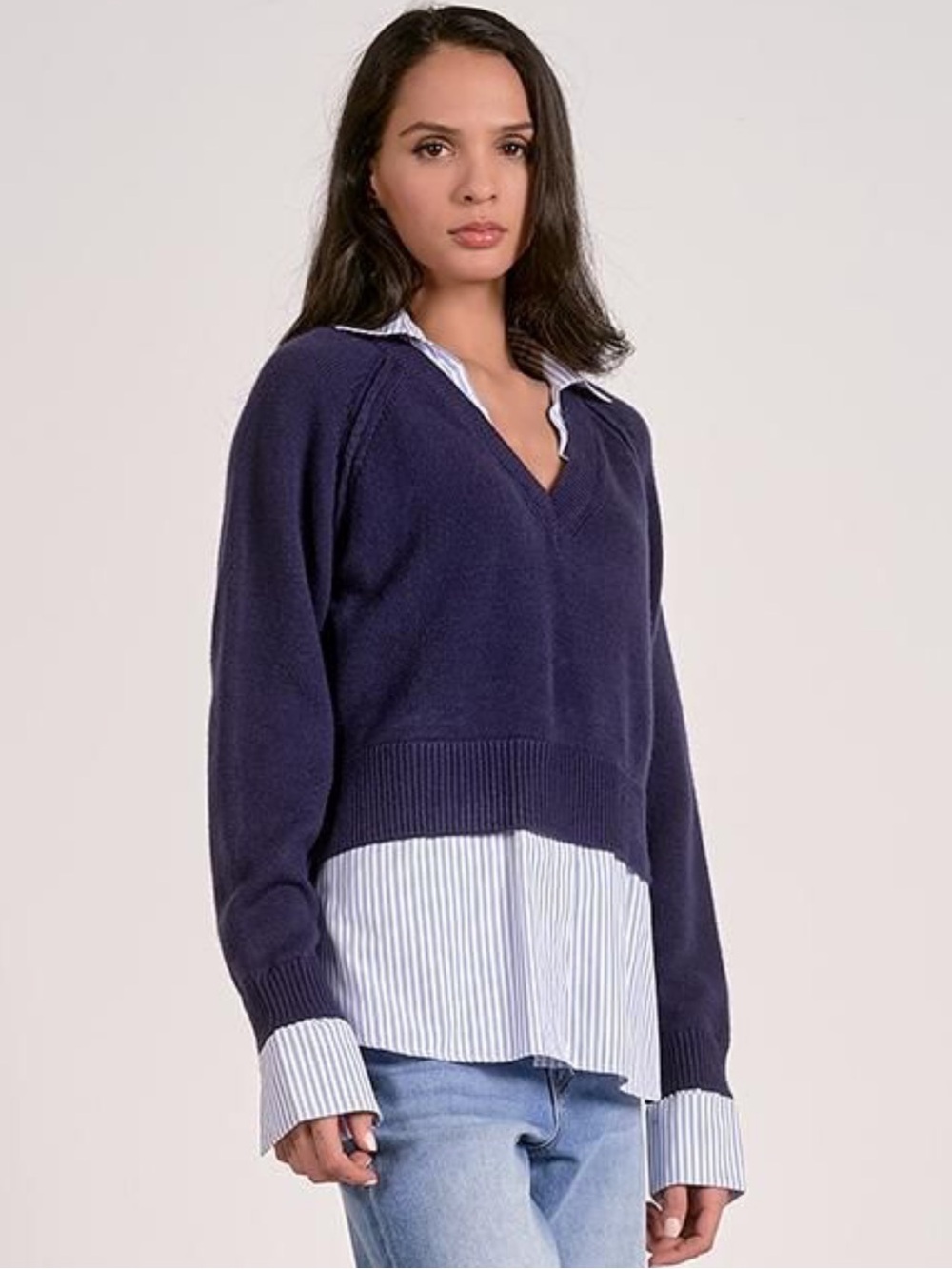 NWT Elan Stevie Sweater Combo Top in Navy Blue / S